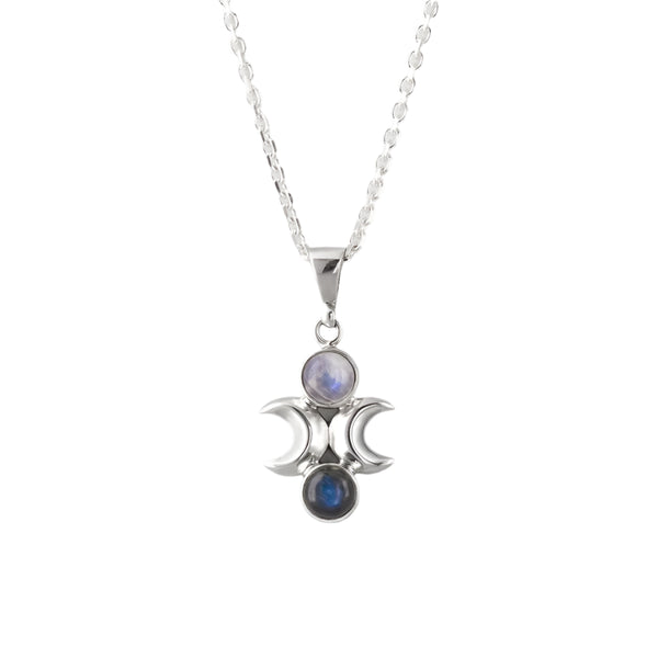 Nick Von K - Moon Phase Pendant in Sterling Silver with Labradorite and Rainbow Moonstone