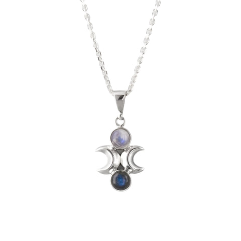 Nick Von K - Moon Phase Pendant in Sterling Silver with Labradorite and Rainbow Moonstone