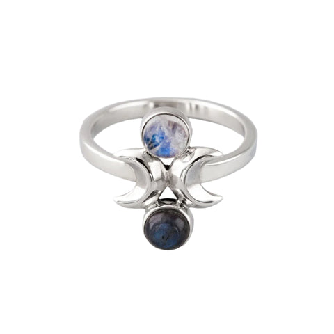 Nick Von K - Moon Phase Ring in Sterling Silver with Labradorite and Rainbow Moonstone