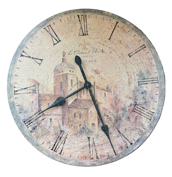 Decorative wall clock with Roman numerals on a dark background