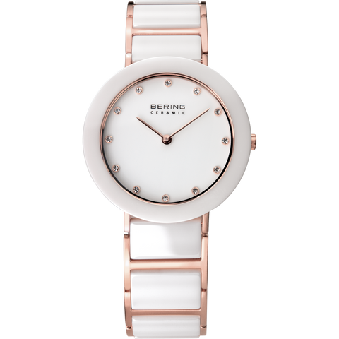 Bering - Ladies White Ceramic & Rose Swarovski Elements Watch