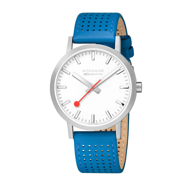Mondaine - Classic Spring Summer White Dial, Silver & Sky Blue Strap