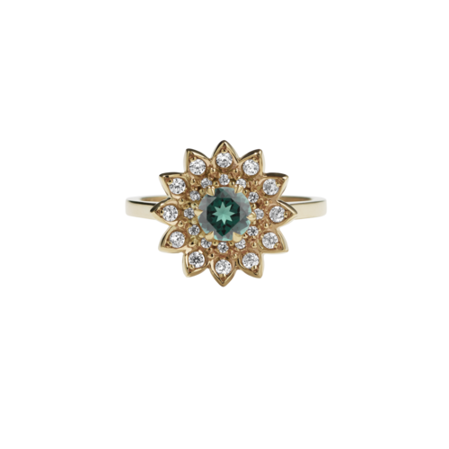 Meadowlark - Dahlia Engagement Ring - 9ct Yellow Gold, Green Sapphire & White Diamond
