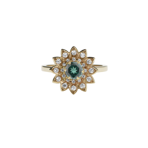 Meadowlark - Dahlia Engagement Ring - 9ct Yellow Gold, Green Sapphire & White Diamond